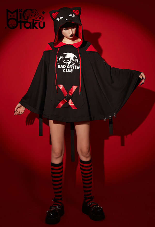 Emily the Strange Cat Ear Hooded Halloween Costume Black Bad Kitten Club Print Cloak Costume Emily the Strange Cat Ear Hooded Halloween Costume Black Bad Kitten Club Print Cloak Costume