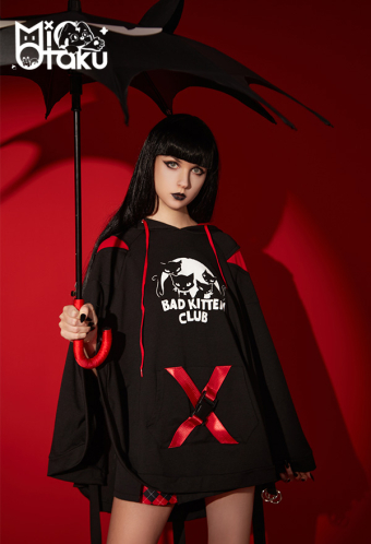 Emily the Strange Cat Ear Hooded Halloween Costume Black Bad Kitten Club Print Cloak Costume