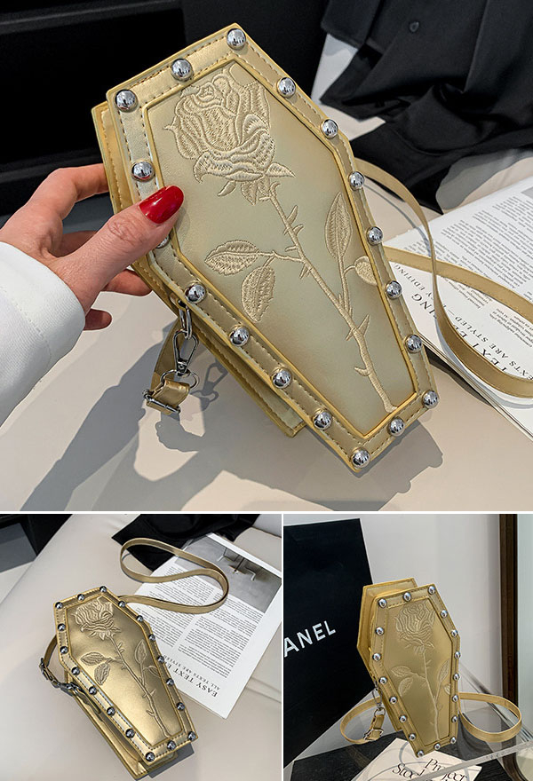Gothic Coffin Crossbody Bag Grunge Embroidered Rivet Bag