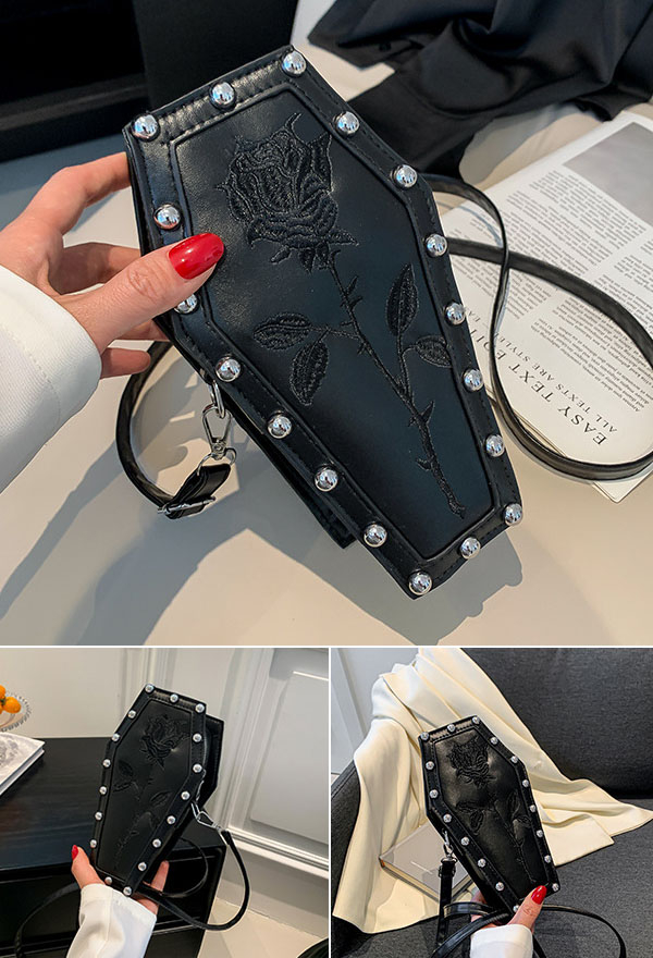 Gothic Coffin Crossbody Bag Grunge Embroidered Rivet Bag