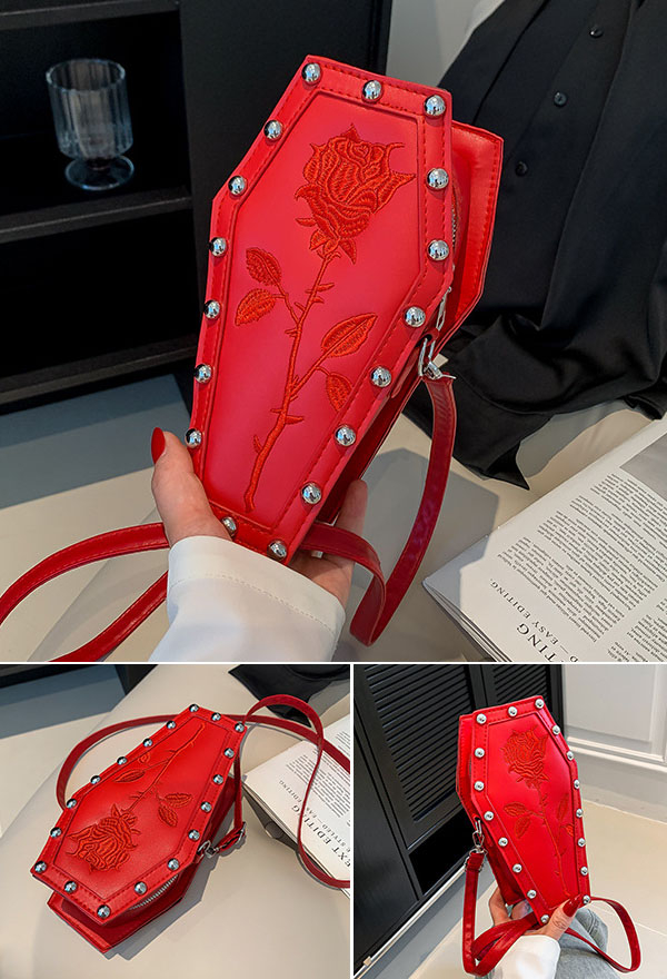 Gothic Coffin Crossbody Bag Grunge Embroidered Rivet Bag