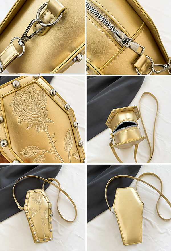 Gothic Coffin Crossbody Bag Grunge Embroidered Rivet Bag