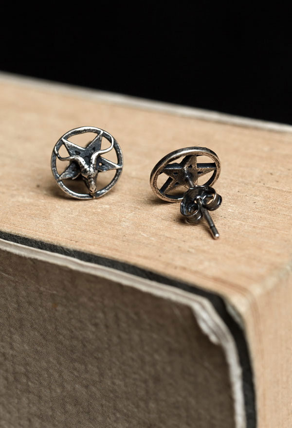 Gothic Goat Head Pentagram Earrings in Retro Punk Style Sterling Silver Earrings