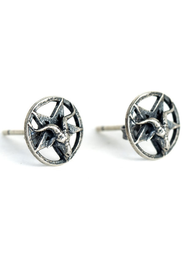 Gothic Goat Head Pentagram Earrings in Retro Punk Style Sterling Silver Earrings