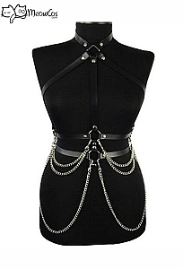 Meowcos.com Gothic Punk Harness Belt Dark Style Black Faux Leather Waist Chain Belt with Metal Chain Pendant