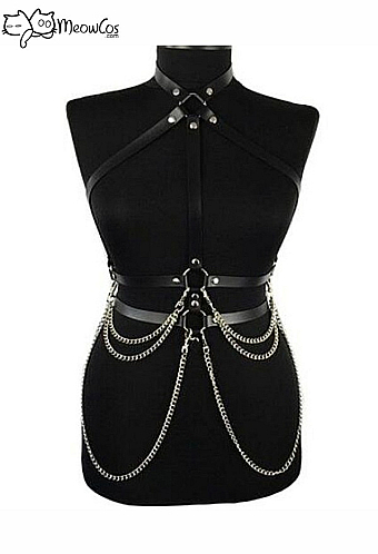 Meowcos.com Gothic Punk Harness Belt Dark Style Black Faux Leather Waist Chain Belt with Metal Chain Pendant