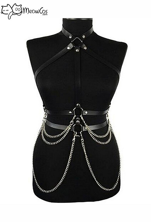 Meowcos.com Gothic Punk Harness Belt Dark Style Black Faux Leather Waist Chain Belt with Metal Chain Pendant