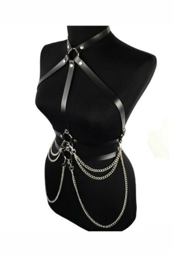 Meowcos.com Gothic Punk Harness Belt Dark Style Black Faux Leather Waist Chain Belt with Metal Chain Pendant