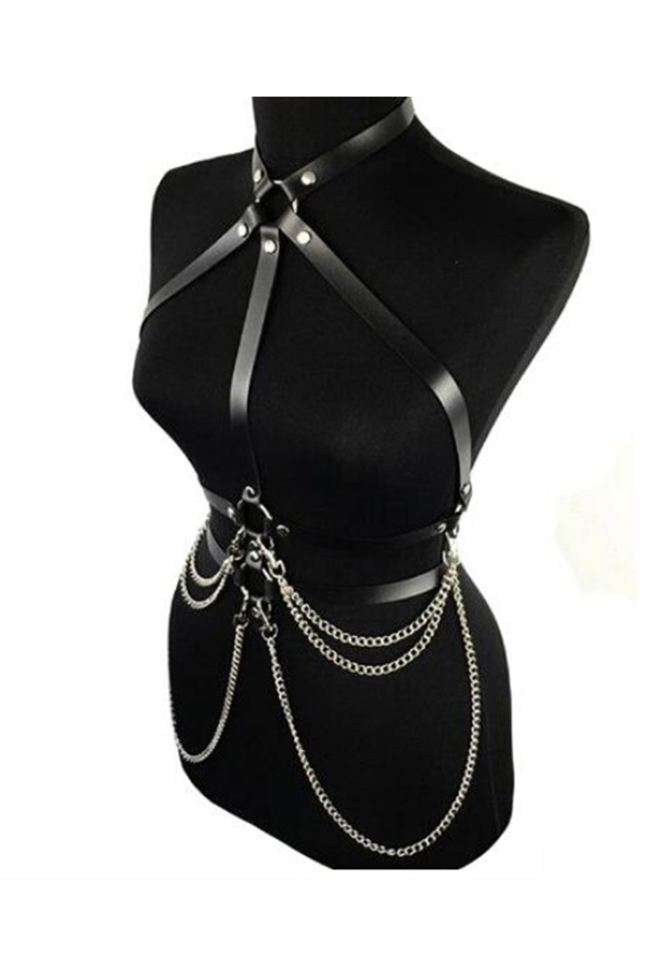 Meowcos.com Gothic Punk Harness Belt Dark Style Black Faux Leather Waist Chain Belt with Metal Chain Pendant