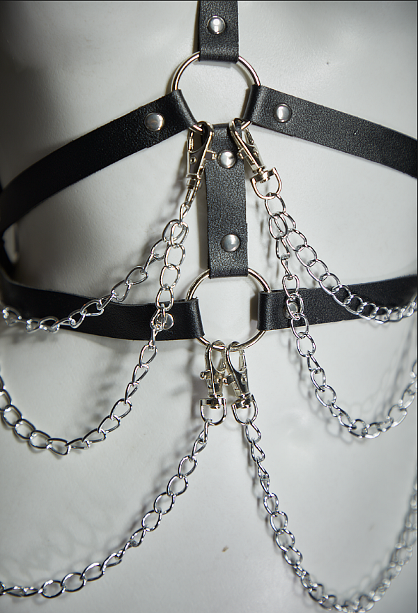 Meowcos.com Gothic Punk Harness Belt Dark Style Black Faux Leather Waist Chain Belt with Metal Chain Pendant