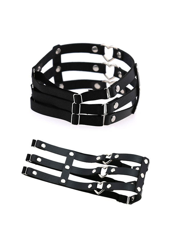 Gothic Hollow Heart Leg Harness Punk Style PU Leather Three Row Leg Harness