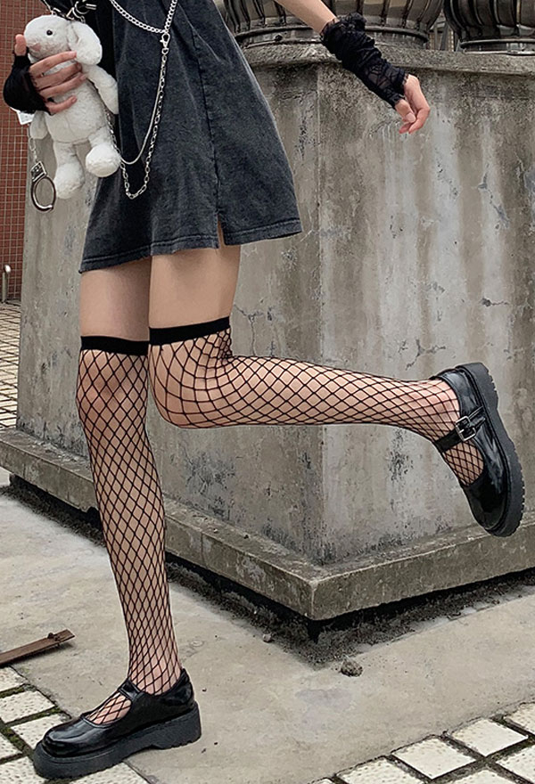 Gothic Fishnet Thigh High Socks Punk Style Polyester Sexy Hollow Mesh Long Stockings for Halloween