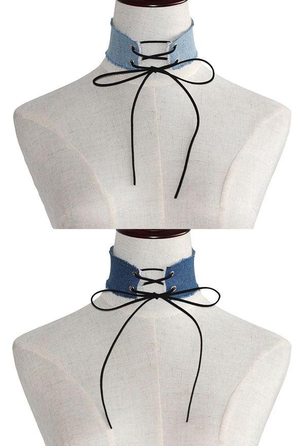 Women's Punk Rock Front Lace-up Choker Streetwear Style Denim Strap Adjustable Wide Clavicle Choker Necklace Four Colors in A Set