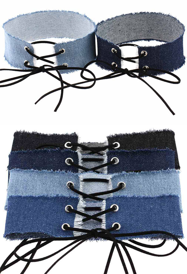 Women's Punk Rock Front Lace-up Choker Streetwear Style Denim Strap Adjustable Wide Clavicle Choker Necklace Four Colors in A Set