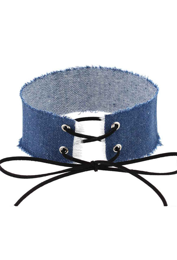 Women's Punk Rock Front Lace-up Choker Streetwear Style Denim Strap Adjustable Wide Clavicle Choker Necklace Four Colors in A Set