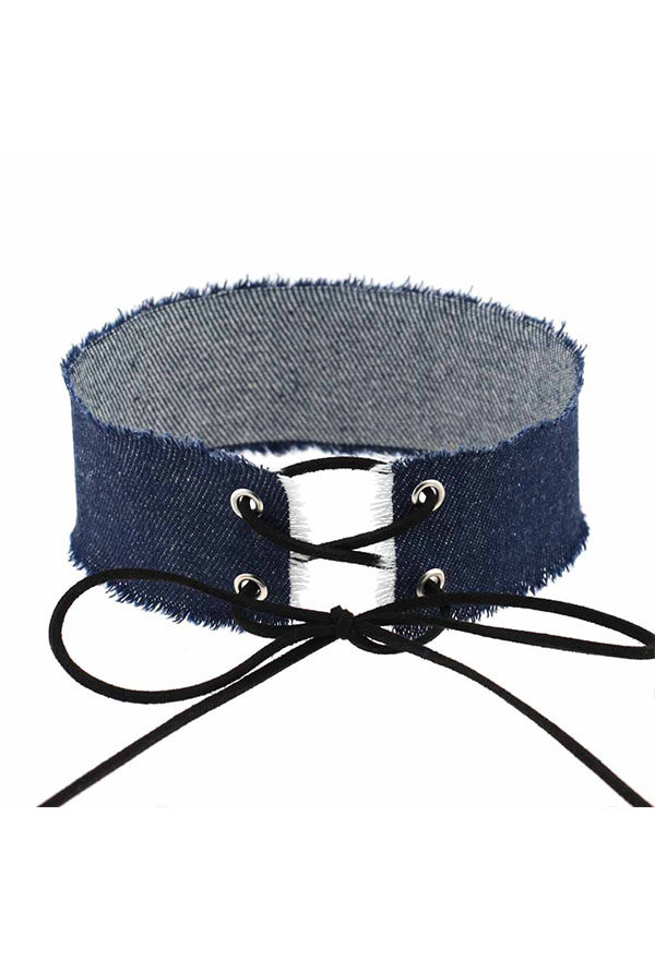 Women's Punk Rock Front Lace-up Choker Streetwear Style Denim Strap Adjustable Wide Clavicle Choker Necklace Four Colors in A Set