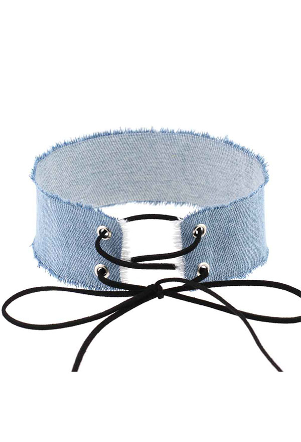 Women's Punk Rock Front Lace-up Choker Streetwear Style Denim Strap Adjustable Wide Clavicle Choker Necklace Four Colors in A Set