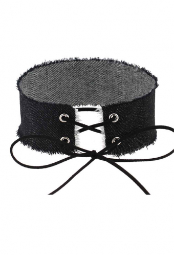 Women's Punk Rock Front Lace-up Choker Streetwear Style Denim Strap Adjustable Wide Clavicle Choker Necklace Four Colors in A Set