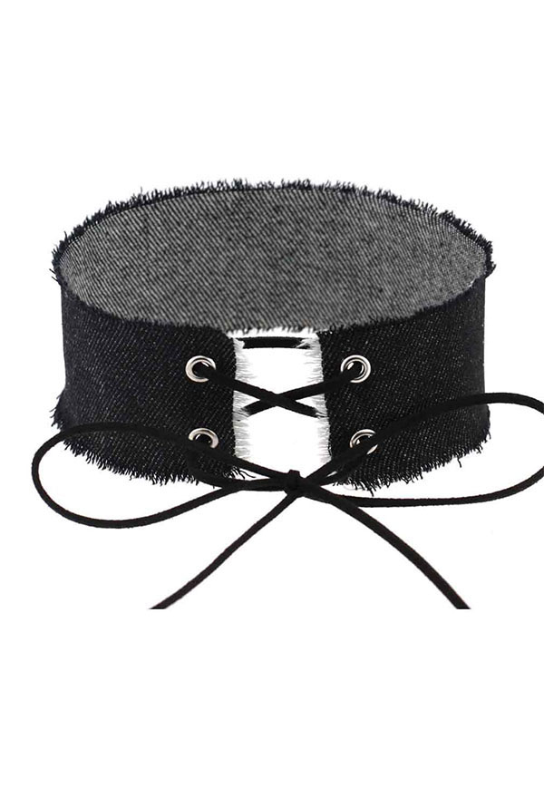 Women's Punk Rock Front Lace-up Choker Streetwear Style Denim Strap Adjustable Wide Clavicle Choker Necklace Four Colors in A Set