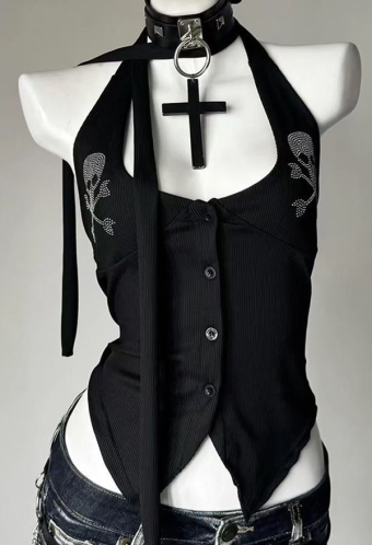 Gothic Black Halter Top Y2k Style Skull Pattern Backless Top