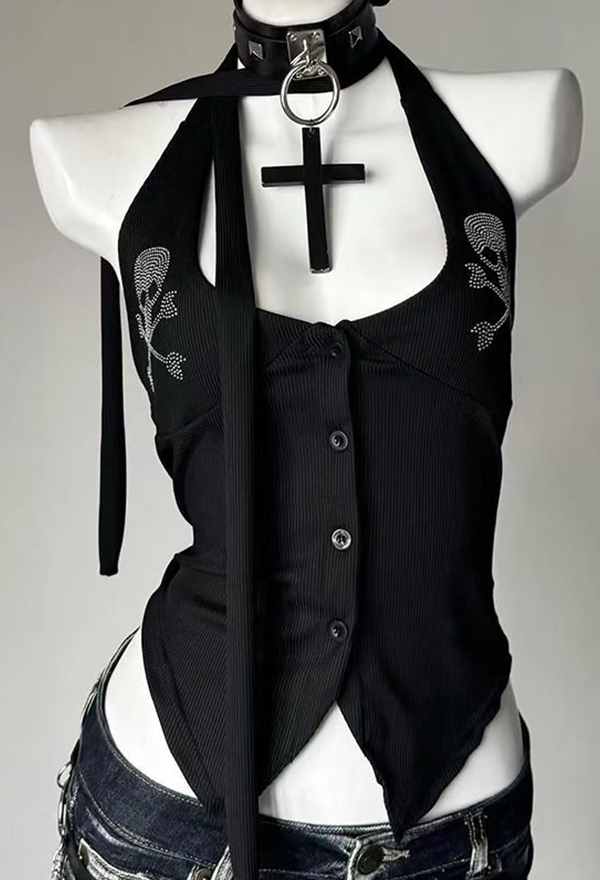 Gothic Black Halter Top Y2k Style Skull Pattern Backless Top