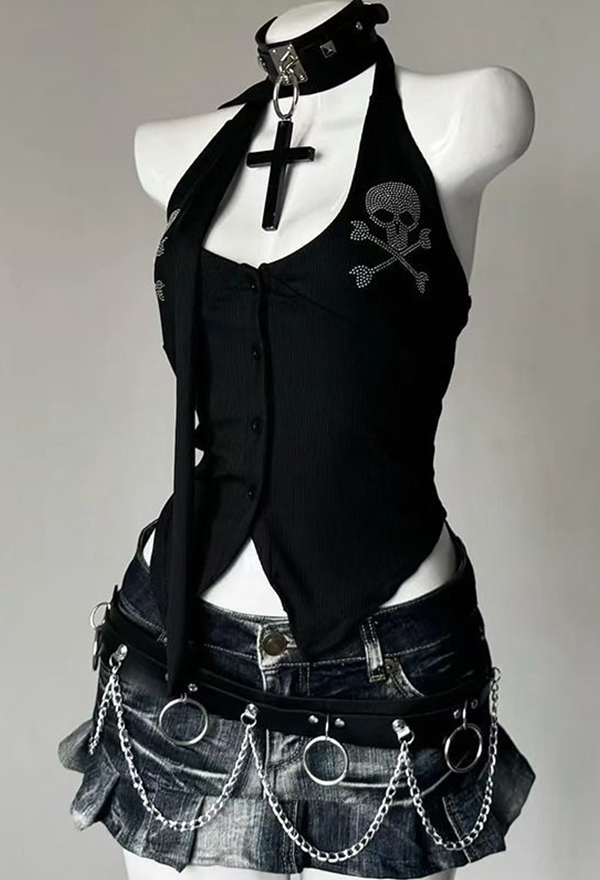 Gothic Black Halter Top Y2k Style Skull Pattern Backless Top