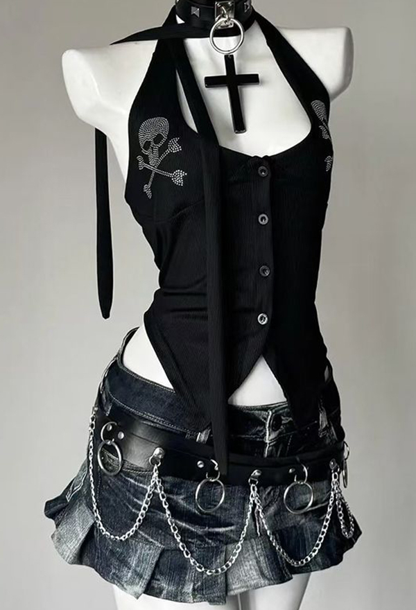 Gothic Black Halter Top Y2k Style Skull Pattern Backless Top