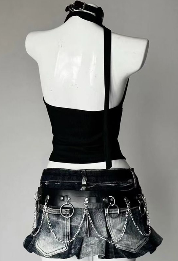 Gothic Black Halter Top Y2k Style Skull Pattern Backless Top