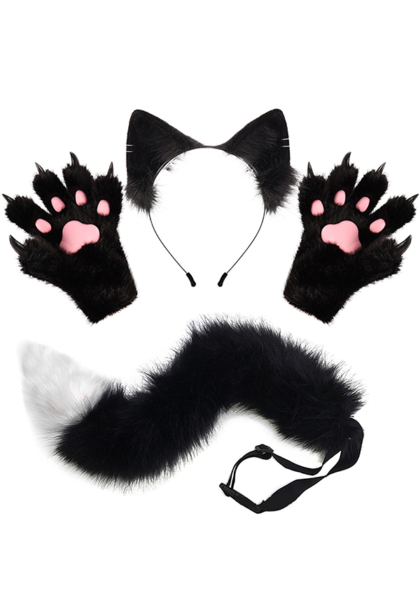 Halloween Cute Plush Cat Fox Ears Headband with Paws and Tail Set