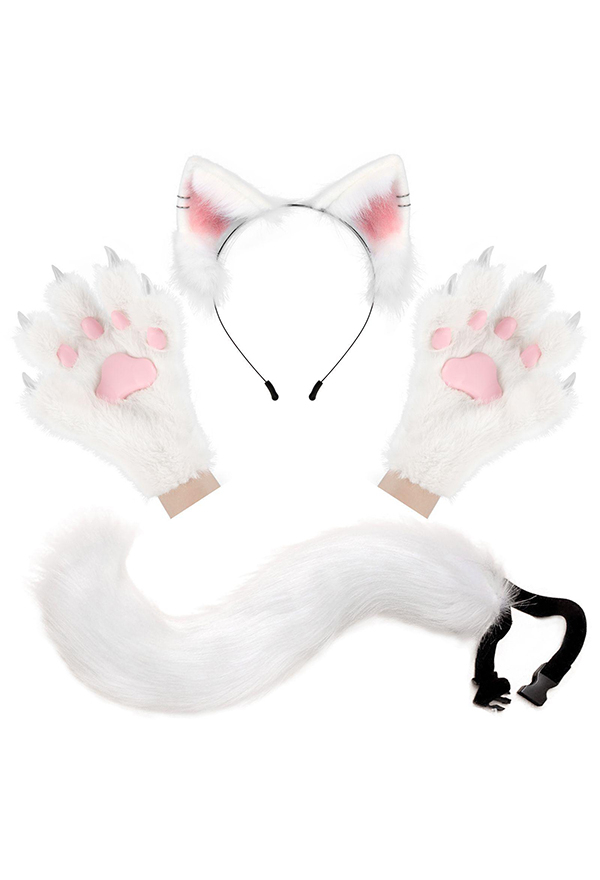 Halloween Cute Plush Cat Fox Ears Headband with Paws and Tail Set