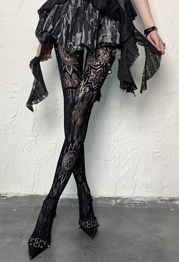 Gothic Black Vintage Pattern High-Waisted Pantyhose Dark Style Stockings