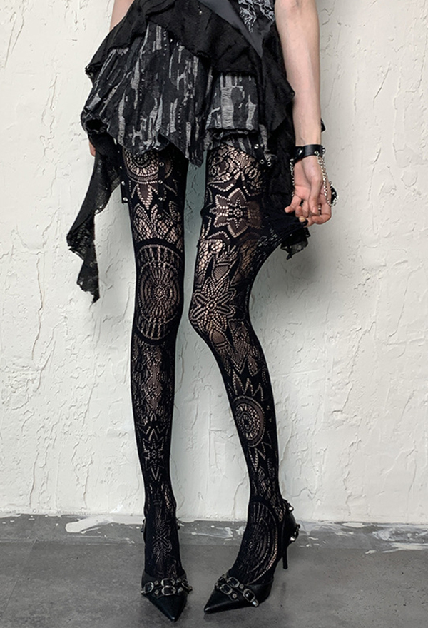 Gothic Black Vintage Pattern High-Waisted Pantyhose Dark Style Stockings