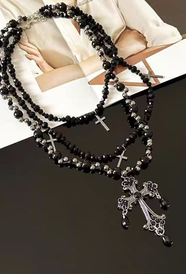 Gothic Black Layered Beaded Necklace Dark Punk Style Cross Necklace