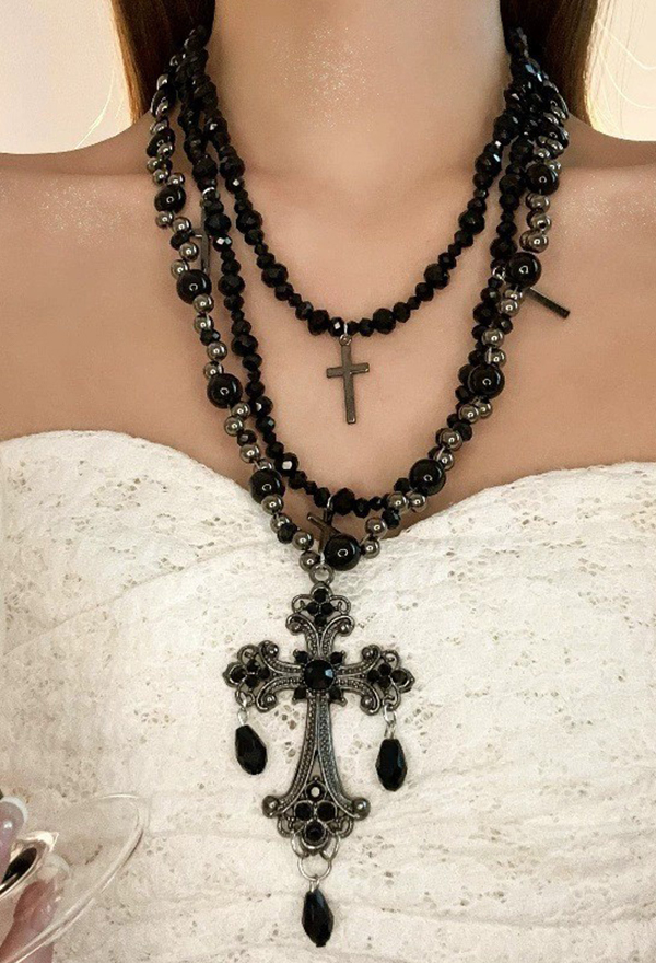Gothic Black Layered Beaded Necklace Dark Punk Style Cross Necklace