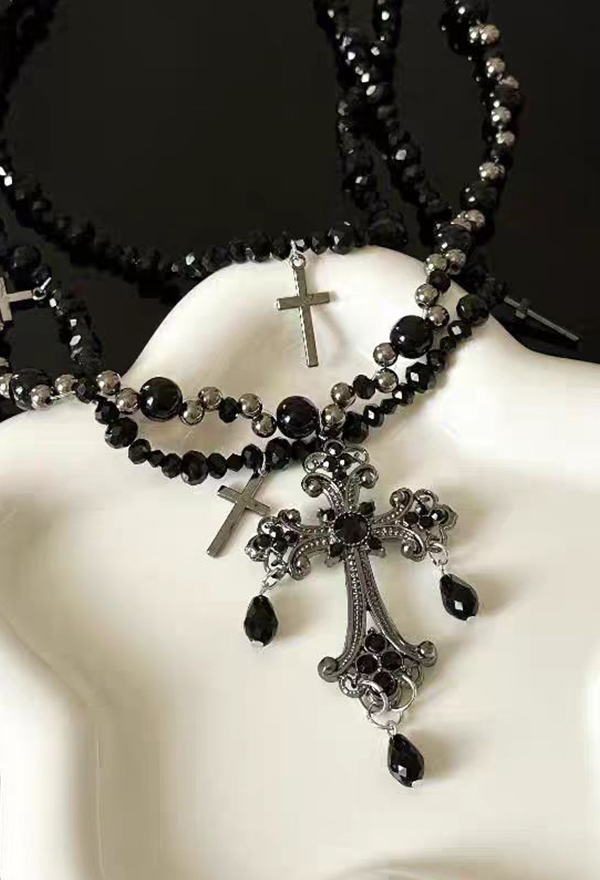 Gothic Black Layered Beaded Necklace Dark Punk Style Cross Necklace