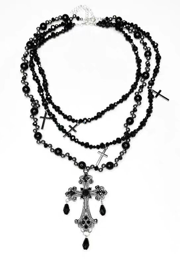 Gothic Black Layered Beaded Necklace Dark Punk Style Cross Necklace