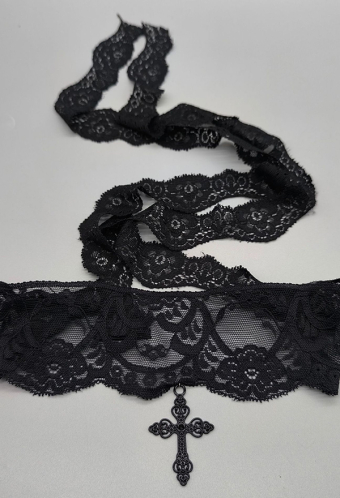 Gothic Black Vintage Lace Ribbon Scarf Cross Charm Scarf Necklace Leg Wrap