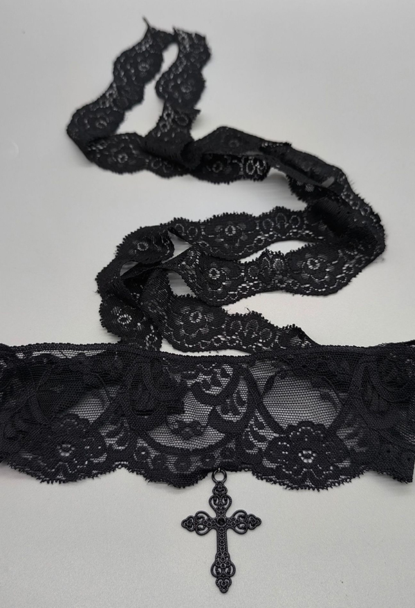 Gothic Black Vintage Lace Ribbon Scarf Cross Charm Scarf Necklace Leg Wrap