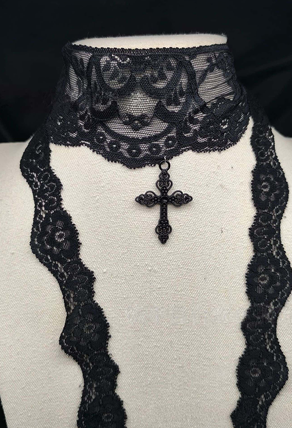 Gothic Black Vintage Lace Ribbon Scarf Cross Charm Scarf Necklace Leg Wrap