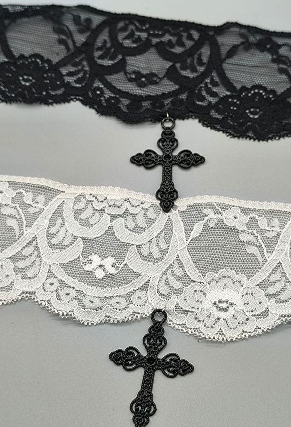 Gothic Black Vintage Lace Ribbon Scarf Cross Charm Scarf Necklace Leg Wrap