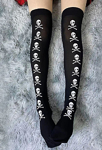 Halloween Gothic Black Skull Pattern Stockings Dark Style Over-the-knee Socks