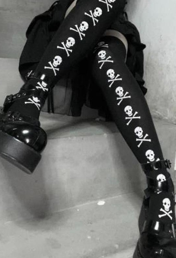 Halloween Gothic Black Skull Pattern Stockings Dark Style Over-the-knee Socks