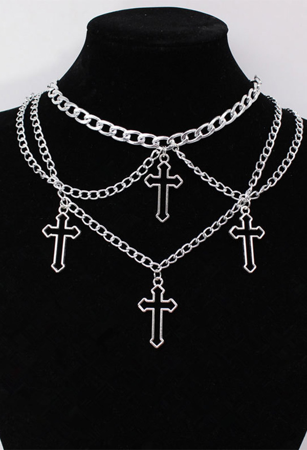Gothic Silver Openwork Cross Charm Multi-Strand Necklace Dark Punk Style Clavicle Chain