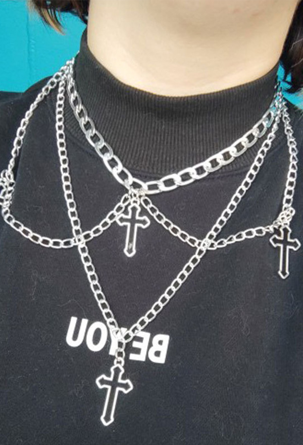 Gothic Silver Openwork Cross Charm Multi-Strand Necklace Dark Punk Style Clavicle Chain
