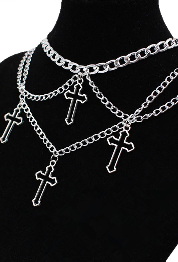 Gothic Silver Openwork Cross Charm Multi-Strand Necklace Dark Punk Style Clavicle Chain