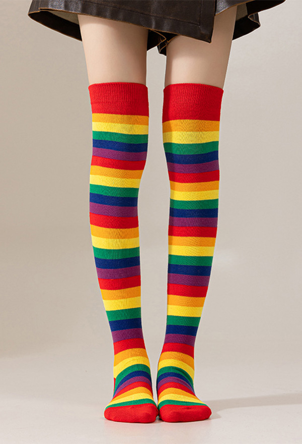 Rainbow Striped Thigh High Socks Pride Festival Colorful Over the Knee Socks Tube Stockings