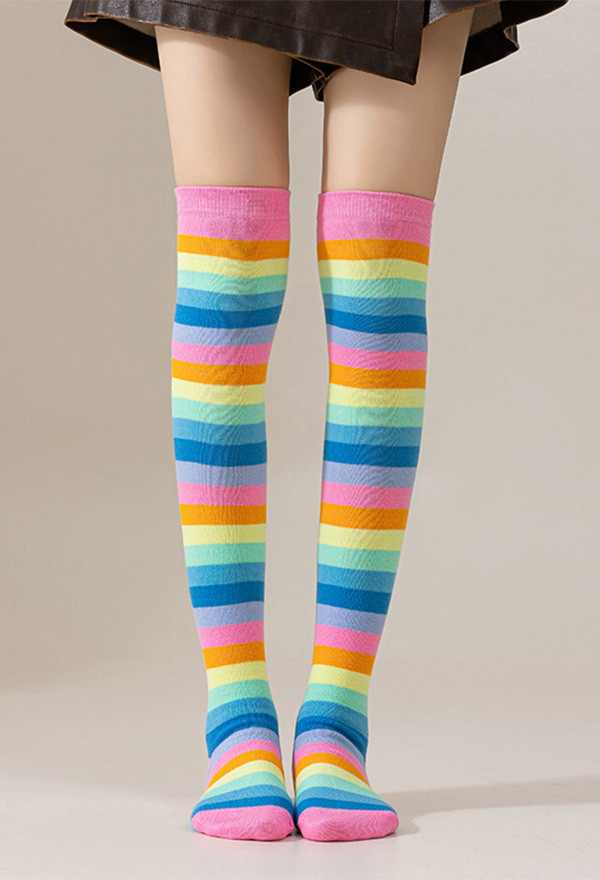 Rainbow Striped Thigh High Socks Pride Festival Colorful Over the Knee Socks Tube Stockings