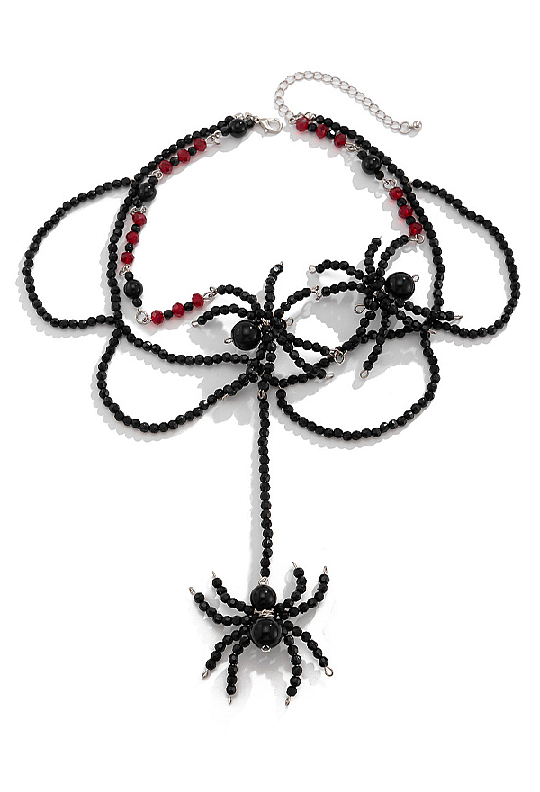 Halloween Gothic Spider-Shaped Beaded Necklace Dark Punk Style Multi-Strand Necklace Clavicle Chain