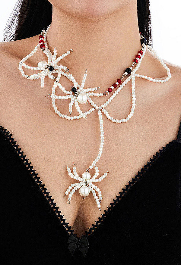 Halloween Gothic Spider-Shaped Beaded Necklace Dark Punk Style Multi-Strand Necklace Clavicle Chain