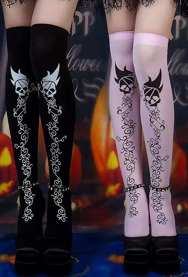 Halloween Gothic Rock Skull Vine Print Over-the-Knee Socks Dark Y2K Style Thigh-high Stockings